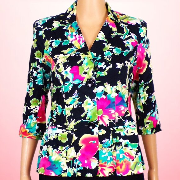 NOTATIONS PETITE size PM multicolor floral 3/4-sleeve blazer cotton/spandex - Picture 1 of 16